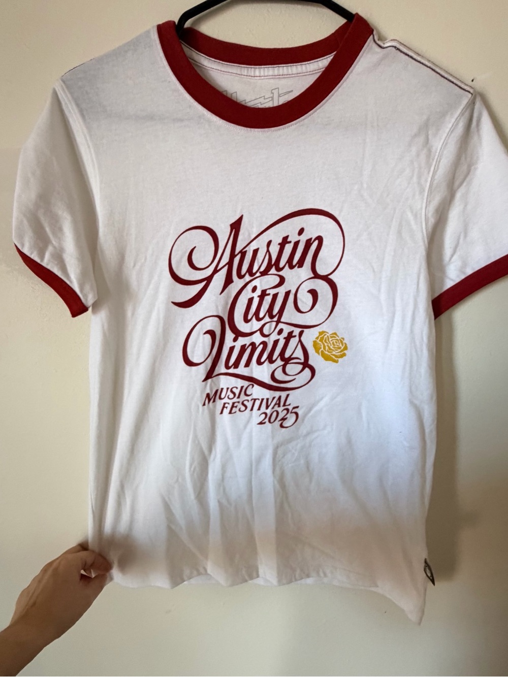 Howler Brothers White Ringer Tee with Red Script & Gold Rose